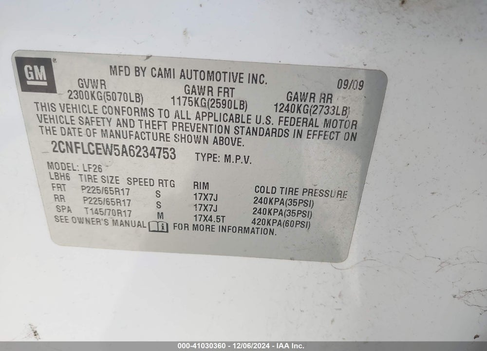 2010 CHEVROLET EQUINOX LS VIN: 2CNFLCEW5A6234753