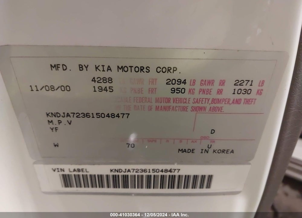 2001 KIA SPORTAGE EX/LIMITED VIN: KNDJA723615048477