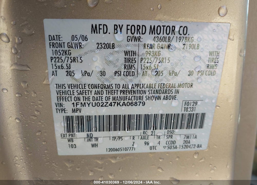 2007 FORD ESCAPE XLS/XLS MANUAL VIN: 1FMYU02Z47KA06879