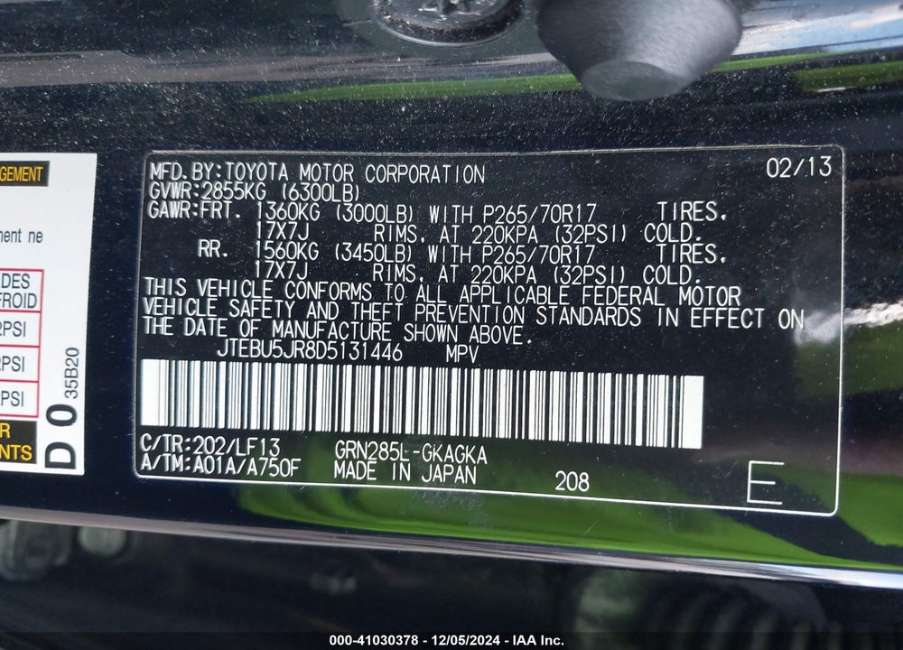 2013 TOYOTA 4RUNNER SR5/LIMITED/TRAIL VIN: JTEBU5JR8D5131446