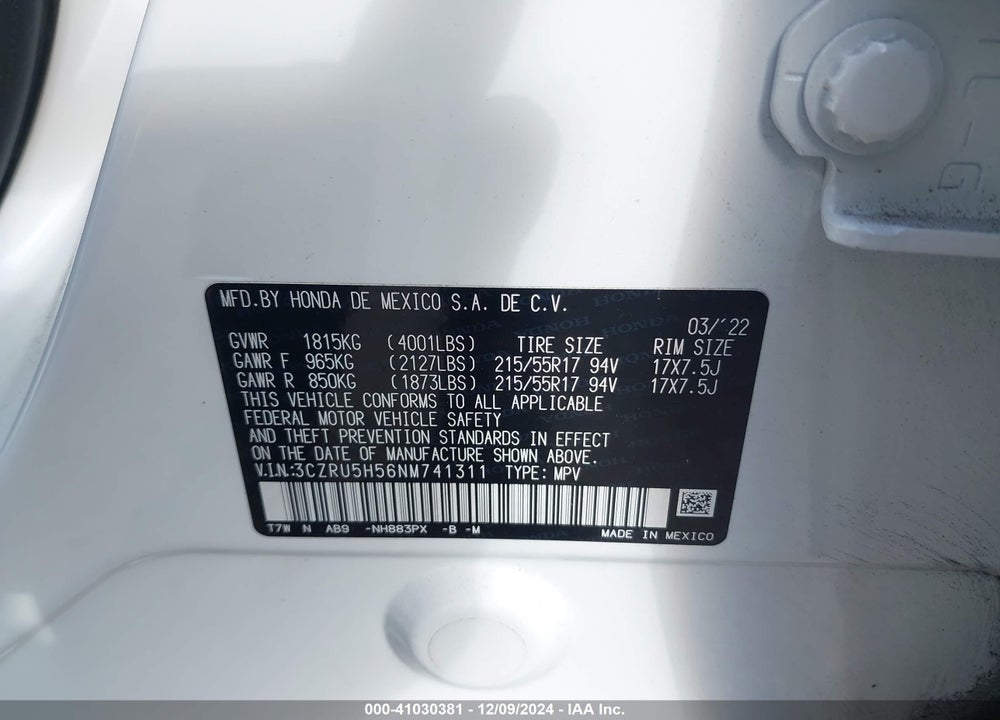 2022 HONDA HR-V 2WD EX VIN: 3CZRU5H56NM741311