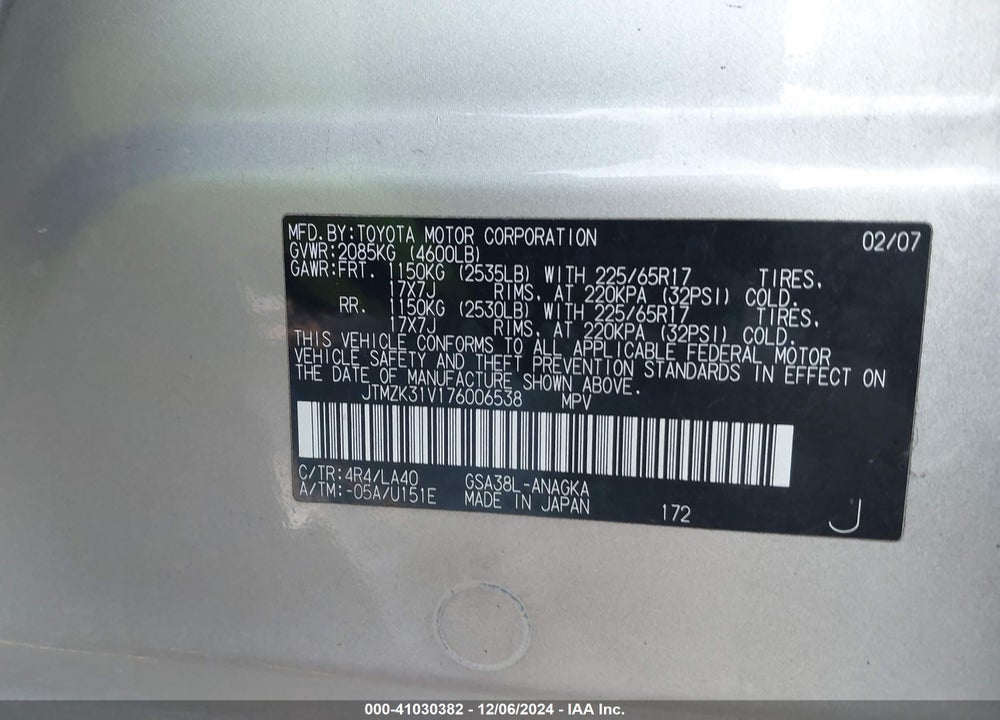 2007 TOYOTA RAV4 LIMITED V6 VIN: JTMZK31V176006538