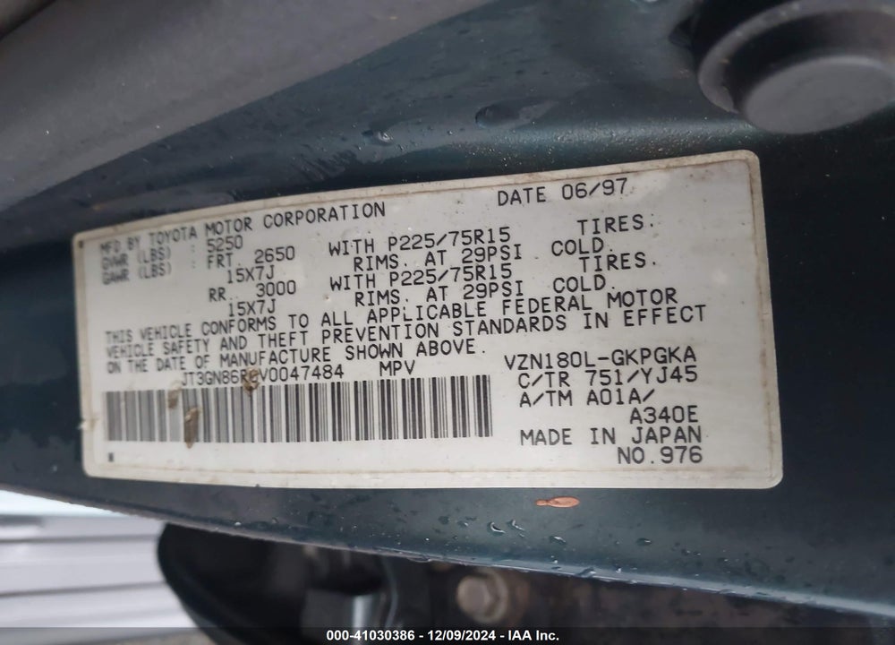 1997 TOYOTA 4RUNNER SR5 V6 VIN: JT3GN86R6V0047484