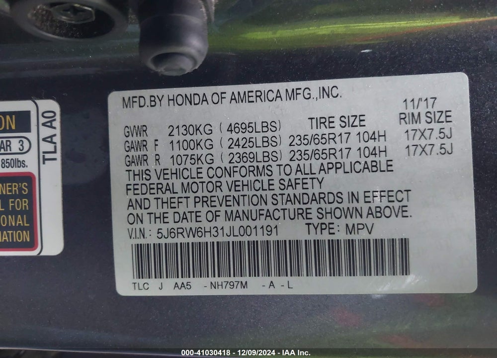 2018 HONDA CR-V LX VIN: 5J6RW6H31JL001191