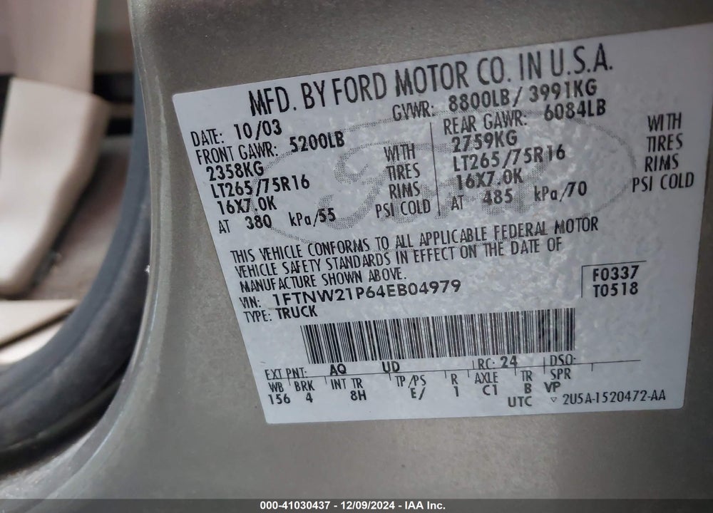 2004 FORD F-250 LARIAT/XL/XLT VIN: 1FTNW21P64EB04979