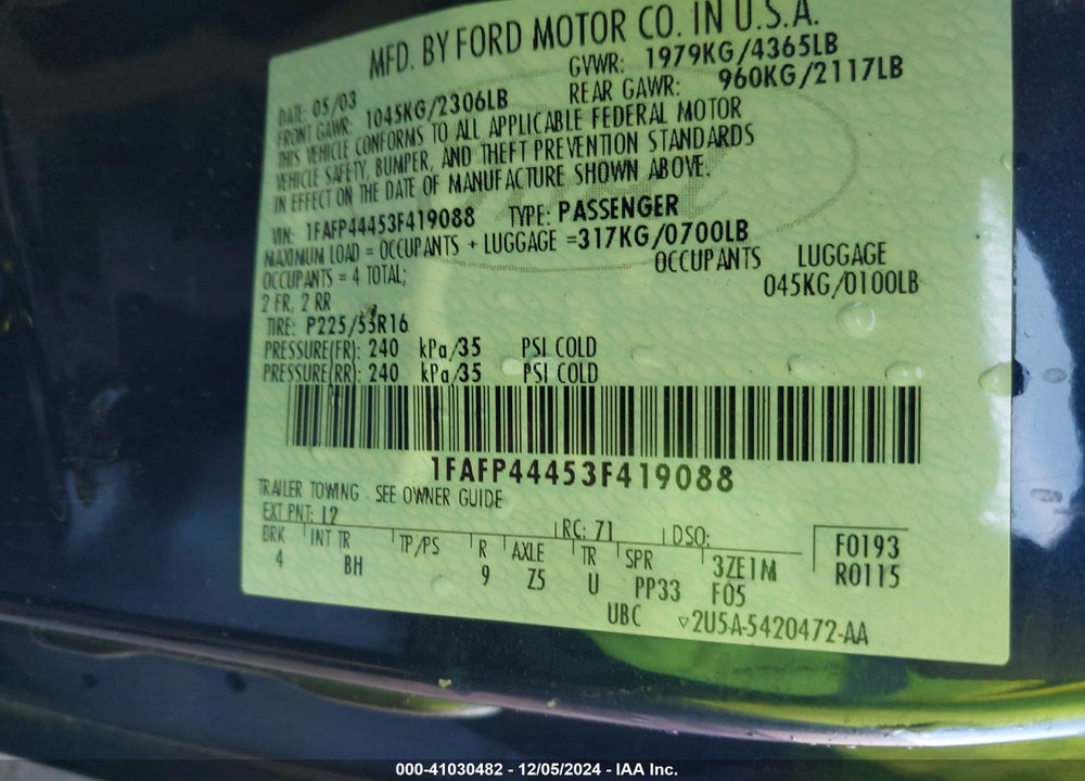 2003 FORD MUSTANG VIN: 1FAFP44453F419088