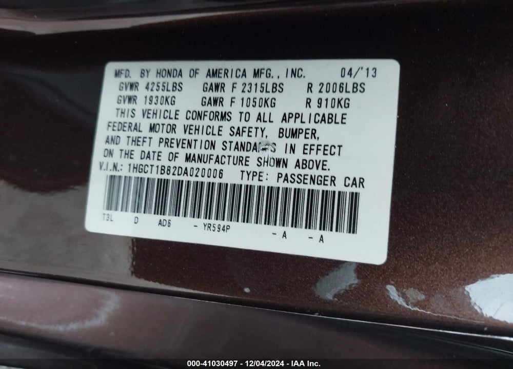 2013 HONDA ACCORD EX-L VIN: 1HGCT1B82DA020006