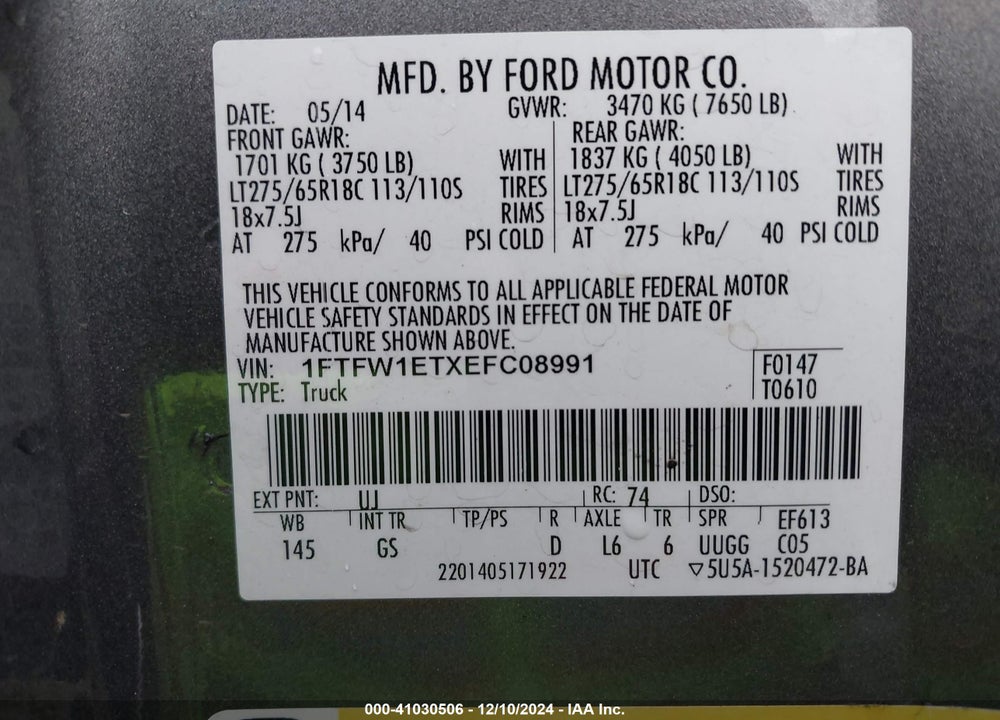 2014 FORD F-150 XLT VIN: 1FTFW1ETXEFC08991