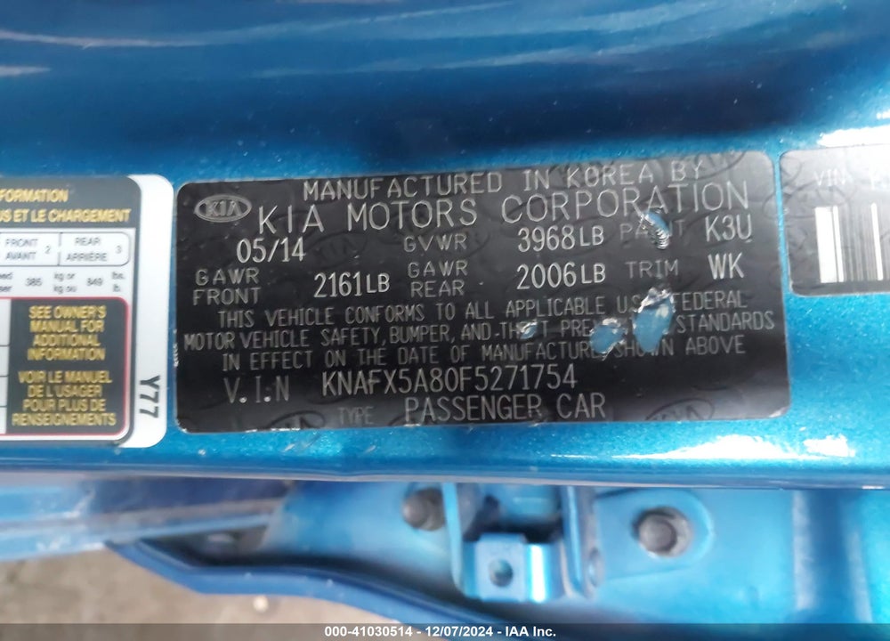 2015 KIA FORTE VIN: KNAFX5A80F5271754
