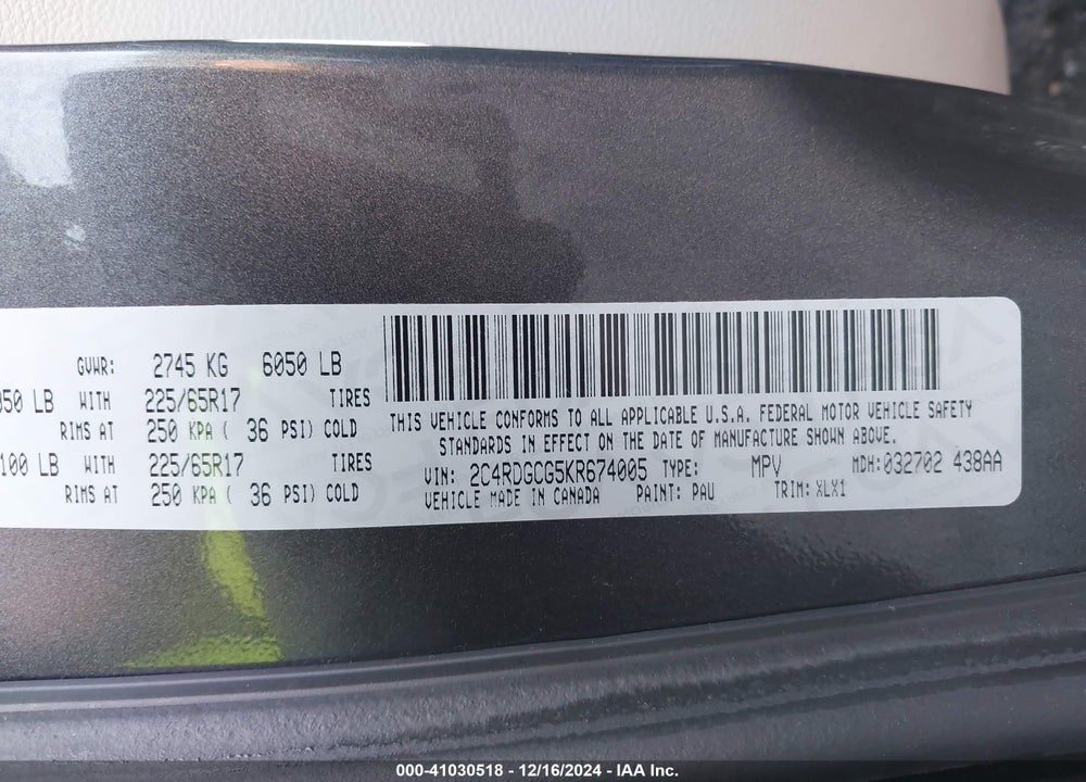 2019 DODGE GRAND CARAVAN SXT VIN: 2C4RDGCG5KR674005