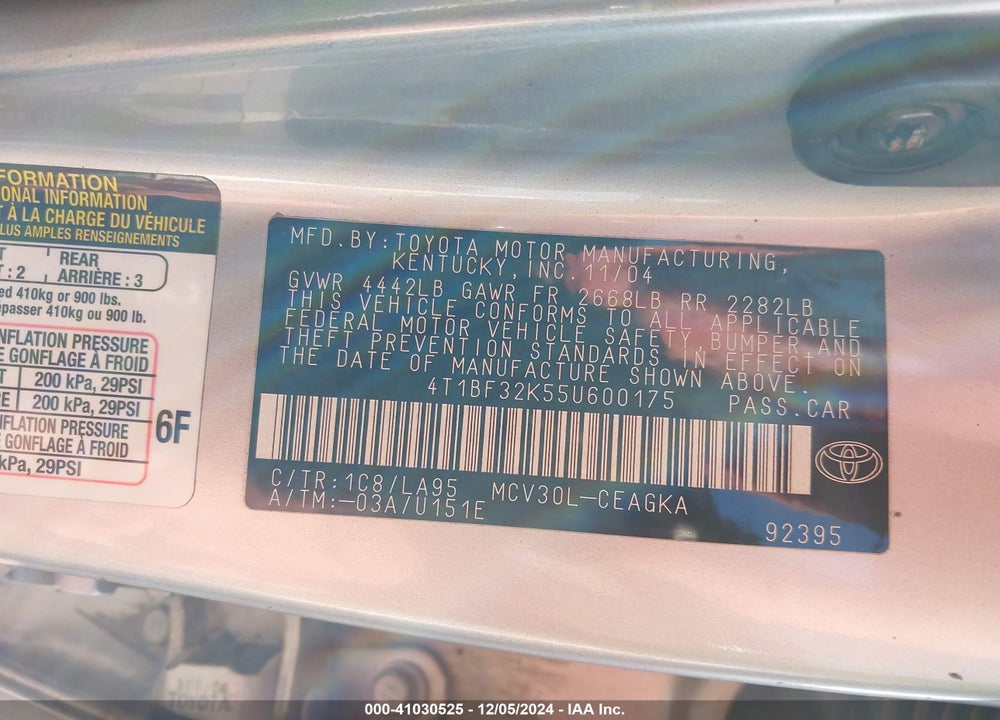 2005 TOYOTA CAMRY XLE V6 VIN: 4T1BF32K55U600175
