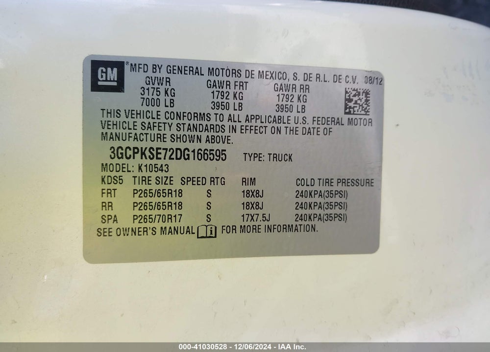 2013 CHEVROLET SILVERADO 1500 LT VIN: 3GCPKSE72DG166595