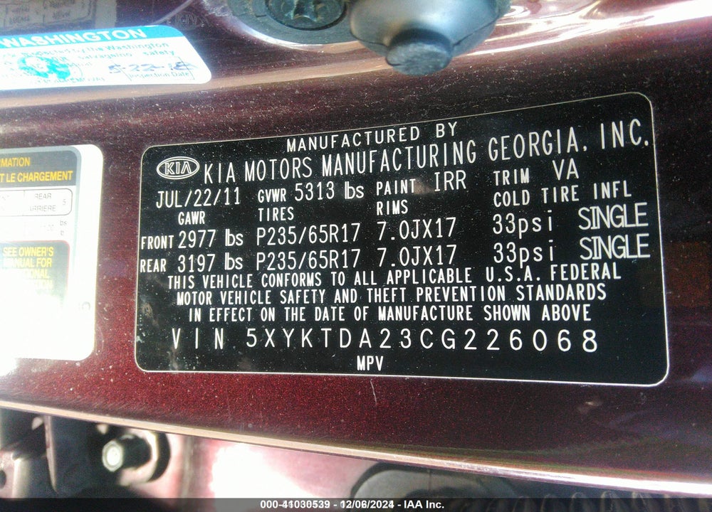 2012 KIA SORENTO LX V6 VIN: 5XYKTDA23CG226068