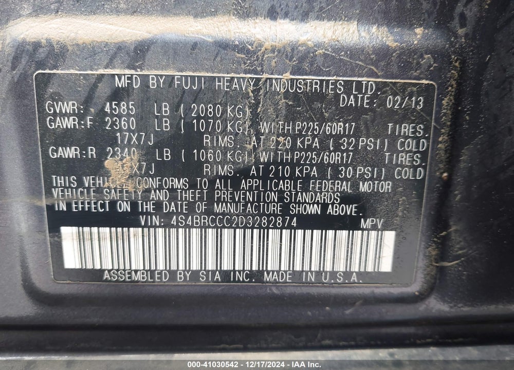 2013 SUBARU OUTBACK VIN: 4S4BRCCC2D3282874