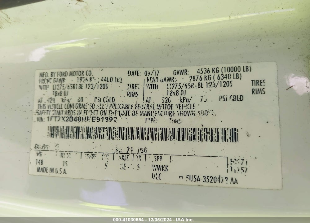 2017 FORD F-250 XL VIN: 1FT7X2B68HEE91892