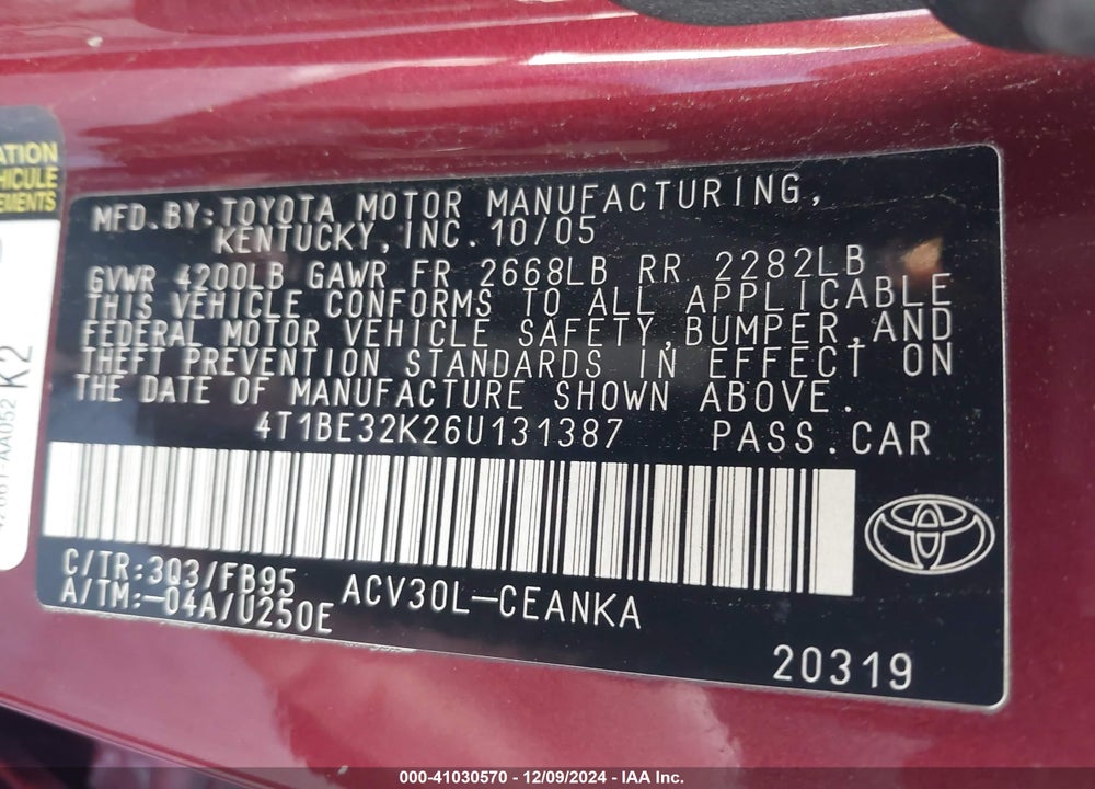 2006 TOYOTA CAMRY LE VIN: 4T1BE32K26U131387