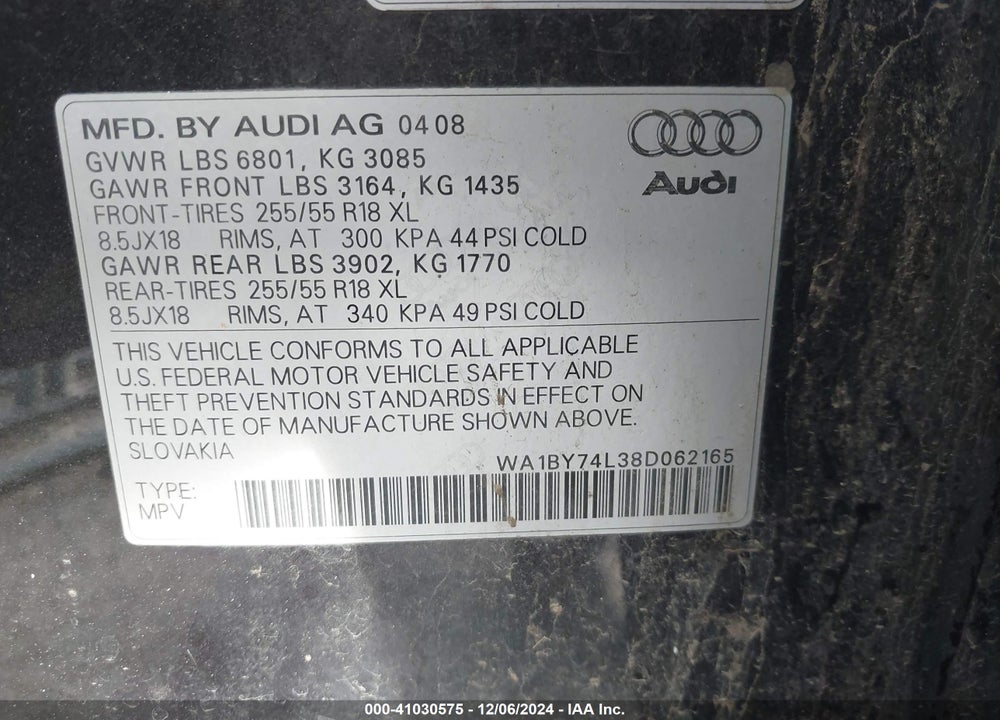 2008 AUDI Q7 3.6 PREMIUM VIN: WA1BY74L38D062165