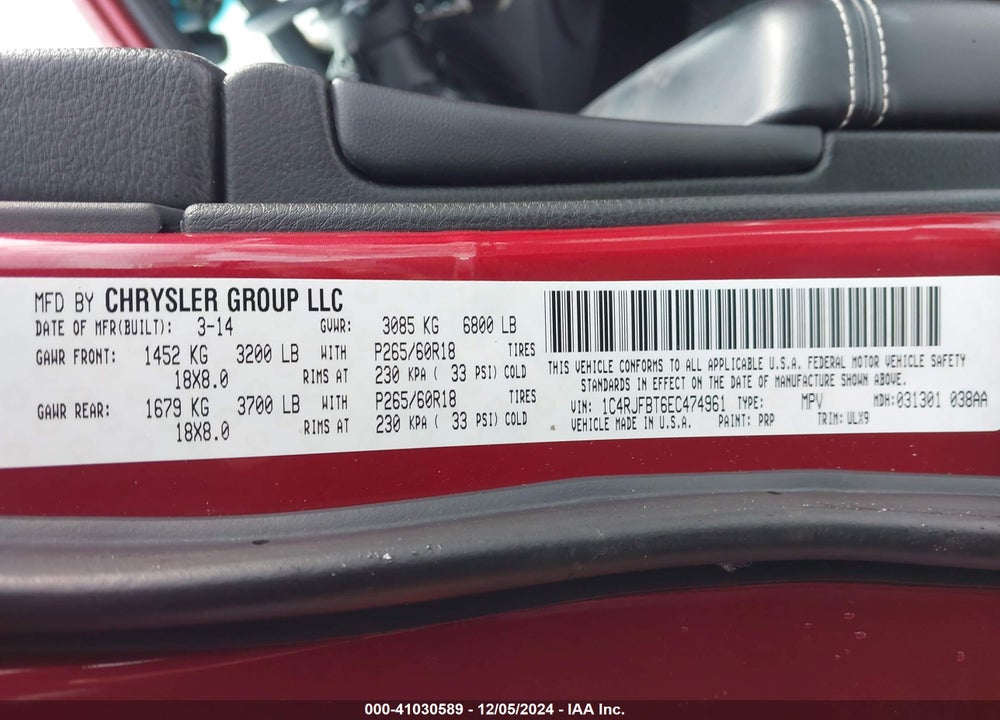2014 JEEP GRAND CHEROKEE LIMITED VIN: 1C4RJFBT6EC474961