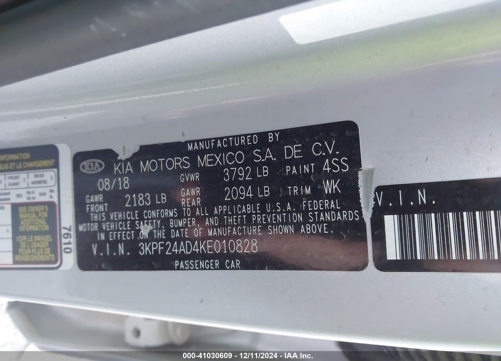 2019 KIA FORTE VIN: 3KPF24AD4KE010828