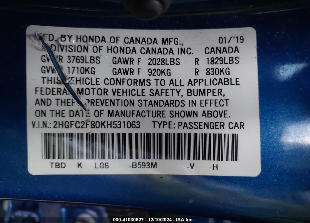 2019 HONDA CIVIC VIN: 2HGFC2F80KH531063
