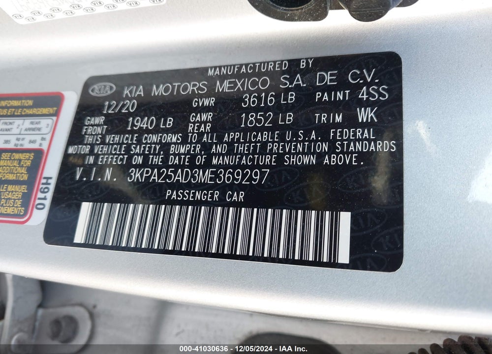 0 2021 RIO 5-DOOR S VIN: 3KPA25AD3ME369297
