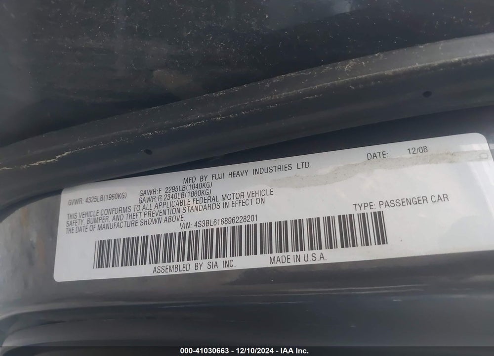 2009 SUBARU LEGACY 2.5I VIN: 4S3BL616896228201