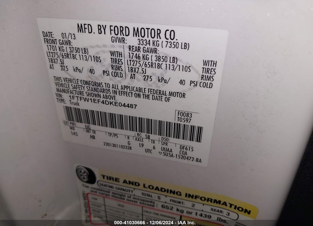 2013 FORD F-150 LARIAT VIN: 1FTFW1EF4DKE04487
