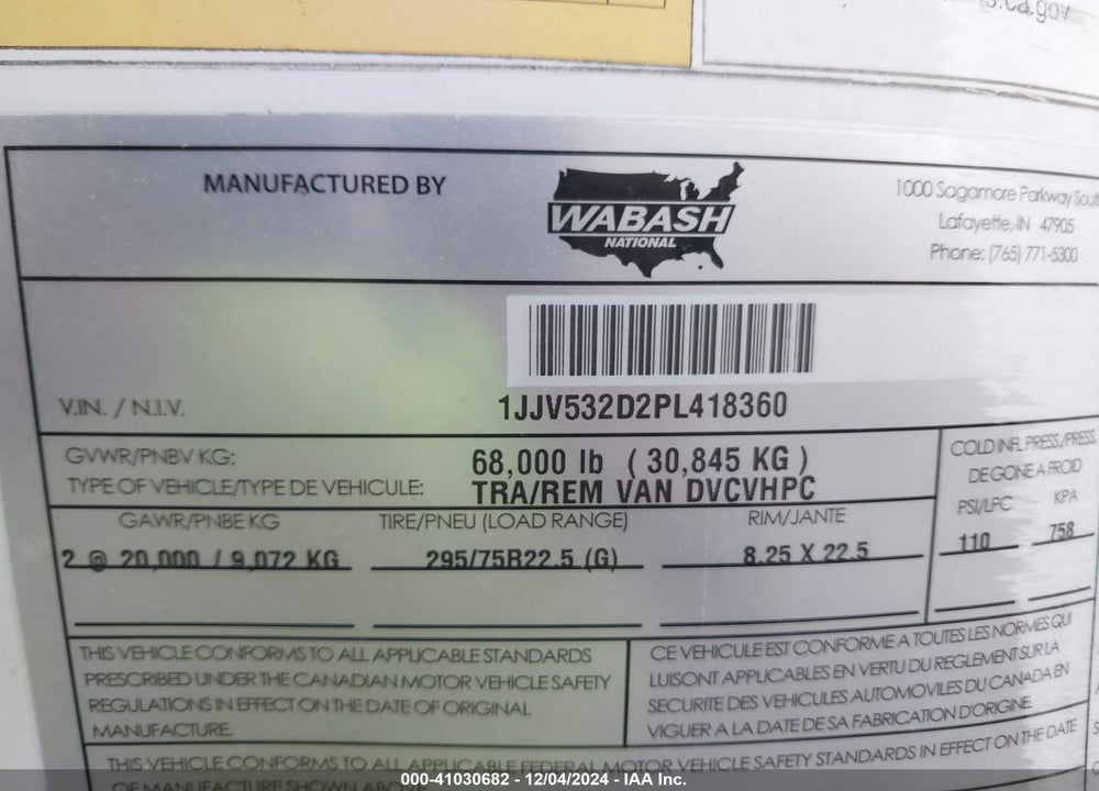 2023 WABASH NATIONAL CORP --- VIN: 1JJV532D2PL418360