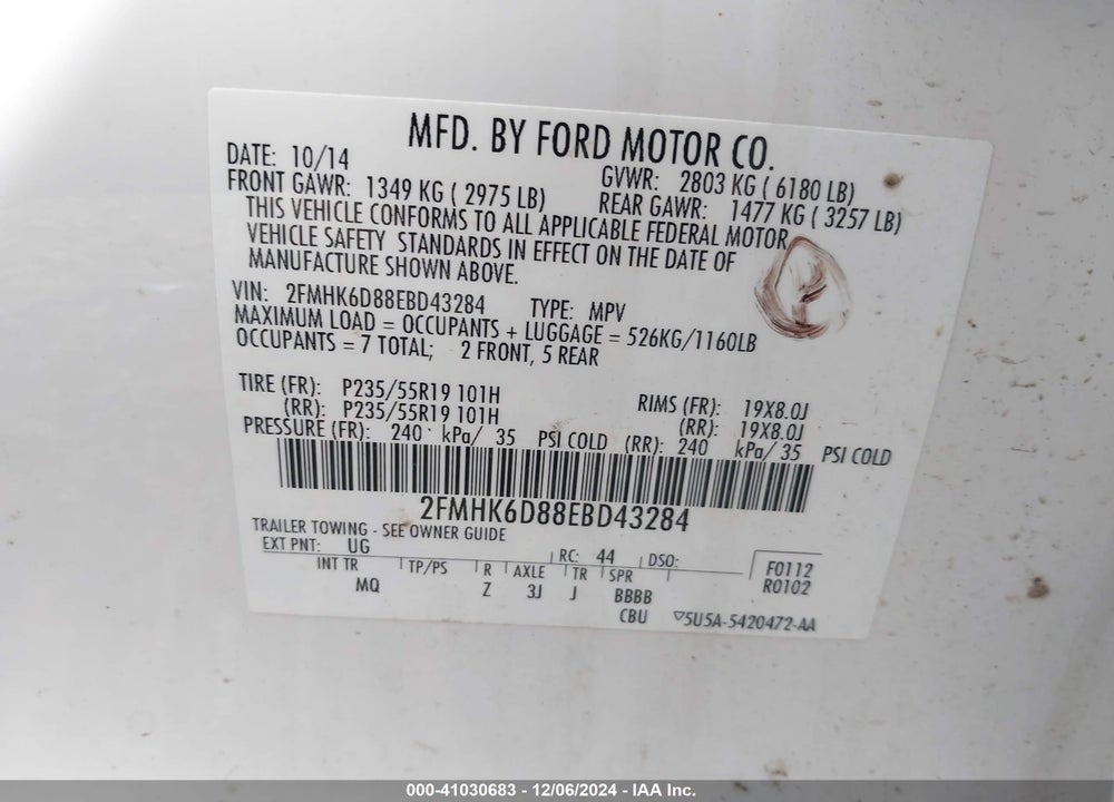 2014 FORD FLEX LIMITED VIN: 2FMHK6D88EBD43284