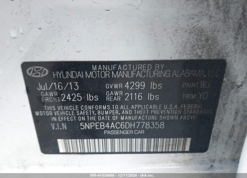 2013 HYUNDAI SONATA GLS VIN: 5NPEB4AC6DH778358
