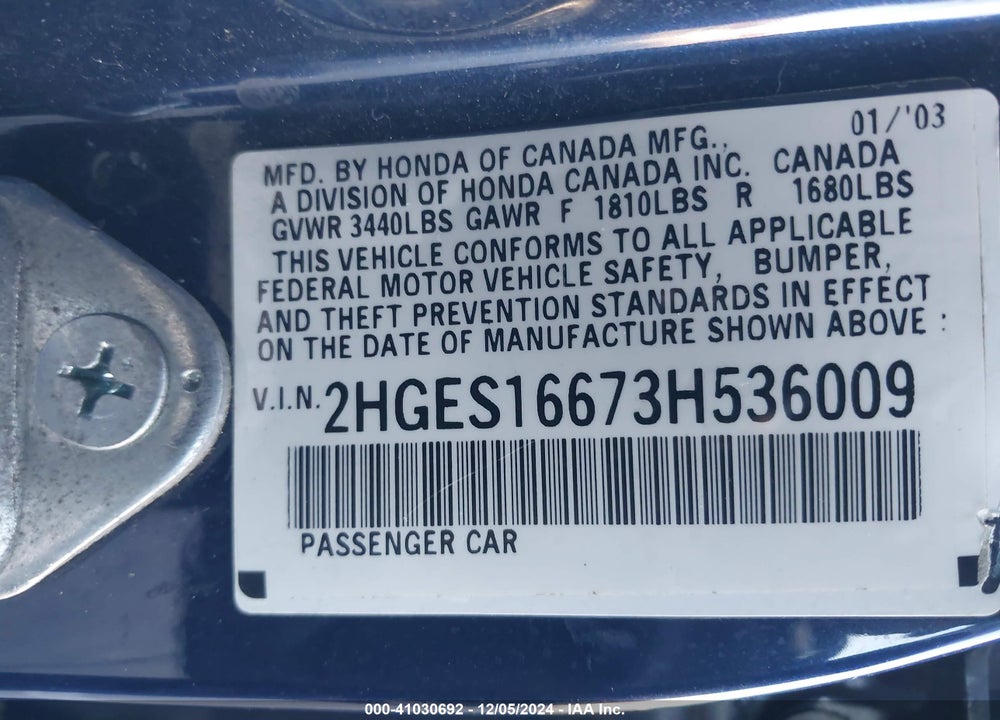 2003 HONDA CIVIC LX VIN: 2HGES16673H536009