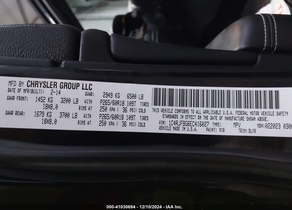 2014 JEEP GRAND CHEROKEE LIMITED VIN: 1C4RJFBG6EC416027