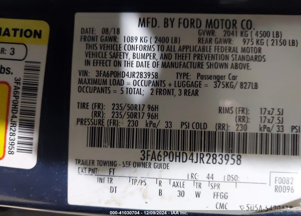 2018 FORD FUSION SE VIN: 3FA6P0HD4JR283958