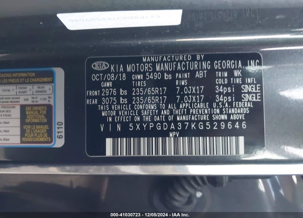 2019 KIA SORENTO 2.4L LX VIN: 5XYPGDA37KG529646
