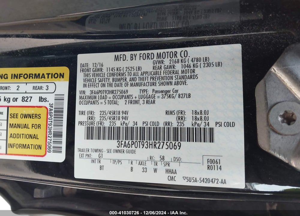 2017 FORD FUSION VIN: 3FA6P0T93HR275069