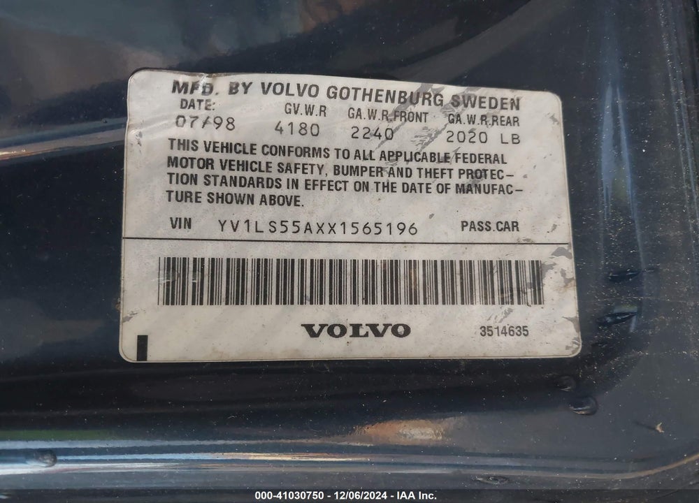 1999 VOLVO S70 VIN: YV1LS55AXX1565196