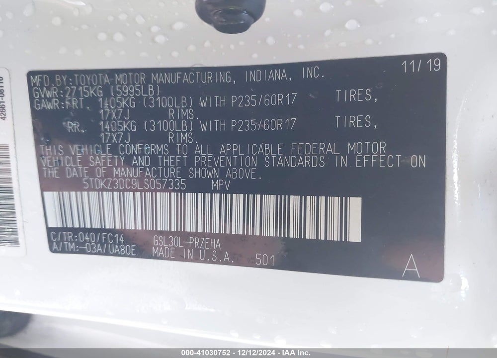 2020 TOYOTA SIENNA LE VIN: 5TDKZ3DC9LS057335