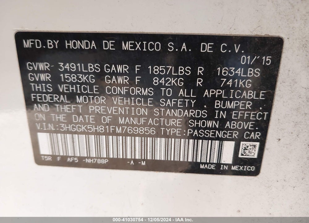 2015 HONDA FIT EX/EX-L VIN: 3HGGK5H81FM769856
