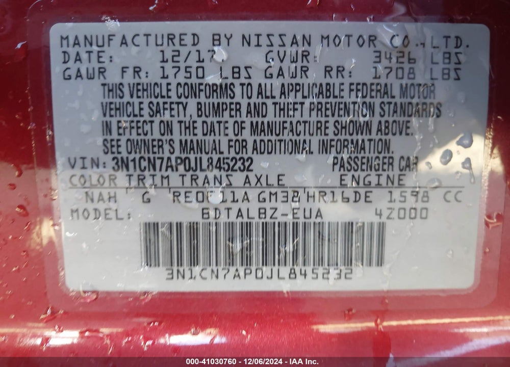 2018 NISSAN VERSA 1.6 SV VIN: 3N1CN7AP0JL845232