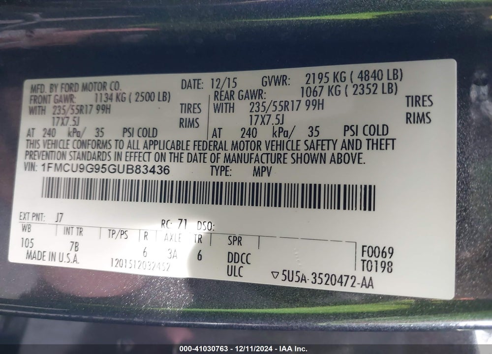 2016 FORD ESCAPE SE VIN: 1FMCU9G95GUB83436
