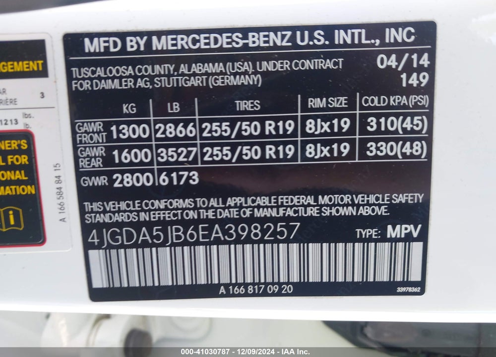 2020 MERCEDES-BENZ ML VIN: 4JGDA5JB6EA398257
