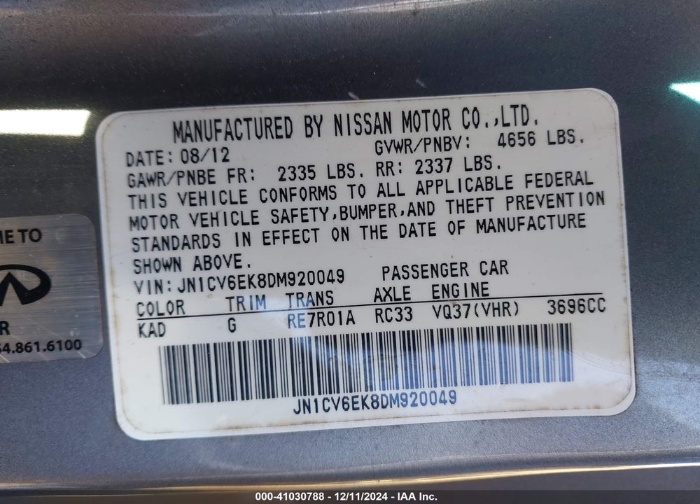 2013 INFINITI IPL G VIN: JN1CV6EK8DM920049