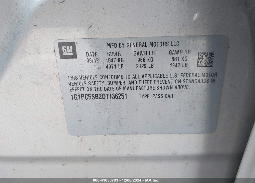 2013 CHEVROLET CRUZE 1LT AUTO VIN: 1G1PC5SB2D7136251