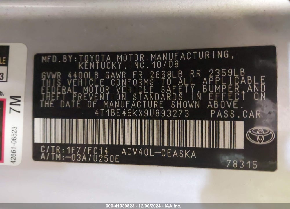 2009 TOYOTA CAMRY SE VIN: 4T1BE46KX9U893273