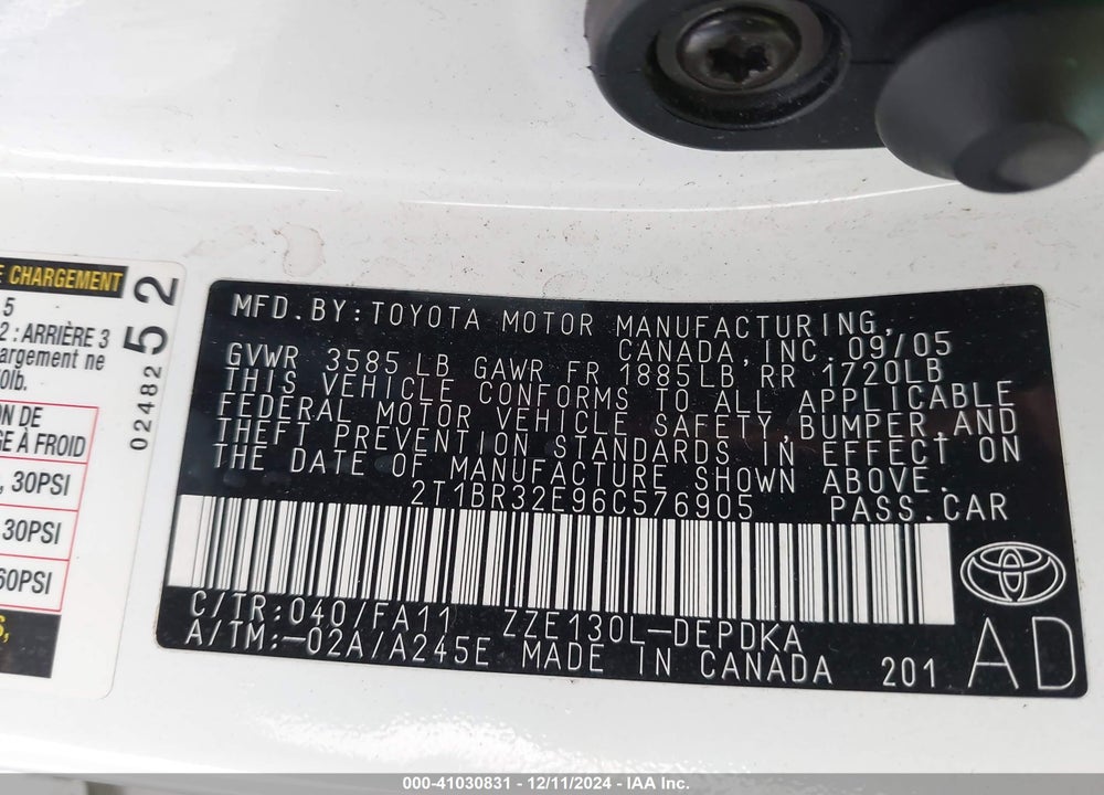 2006 TOYOTA COROLLA VIN: 2T1BR32E96C576905