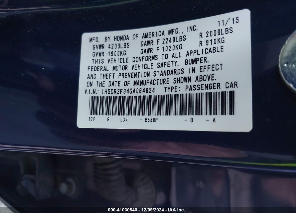 2016 HONDA ACCORD LX VIN: 1HGCR2F34GA064824