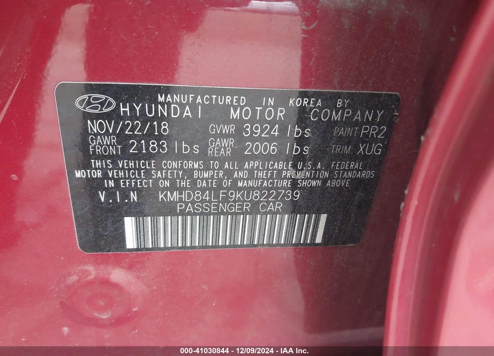 2019 HYUNDAI ELANTRA VALUE EDITION VIN: KMHD84LF9KU822739