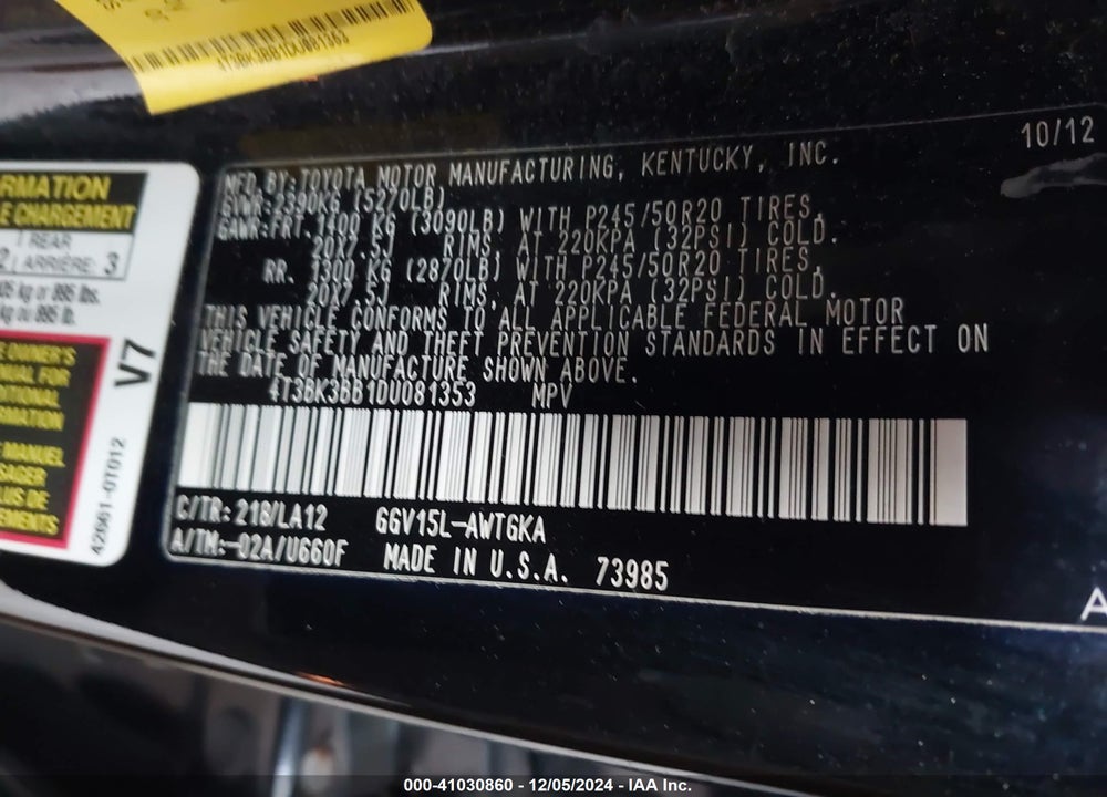 2013 TOYOTA VENZA LE/XLE/LIMITED VIN: 4T3BK3BB1DU081353