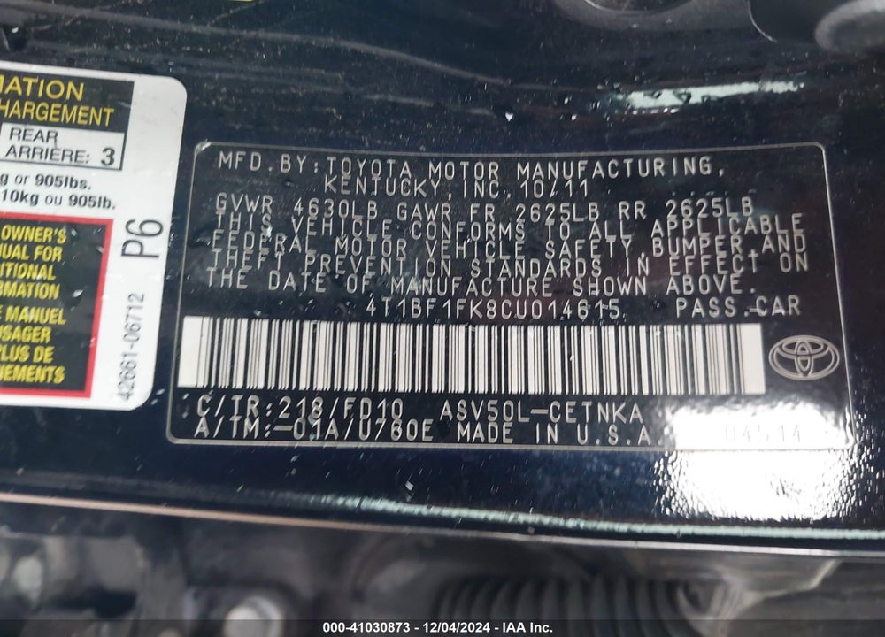 2012 TOYOTA CAMRY LE VIN: 4T1BF1FK8CU014615