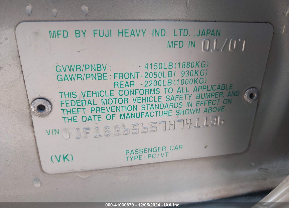 2007 SUBARU FORESTER 2.5X VIN: JF1SG65657H741136